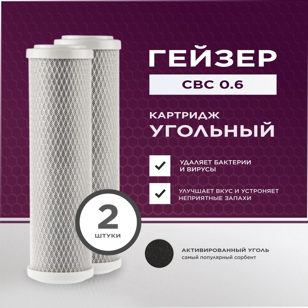 Сменный картридж для фильтра воды Гейзер CBC 10SL 0,6 мкм- кокосовый уголь, высокая очистка от хлора, мутности, различных загрязнений- 2 шт.