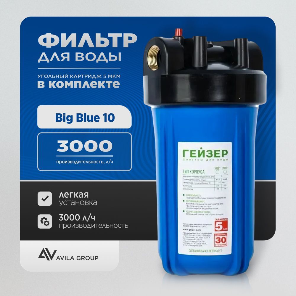 Корпус магистральный фильтр Гейзер Big Blue 10 (BB 10) ,производительность 3000 л/ч c ключом.