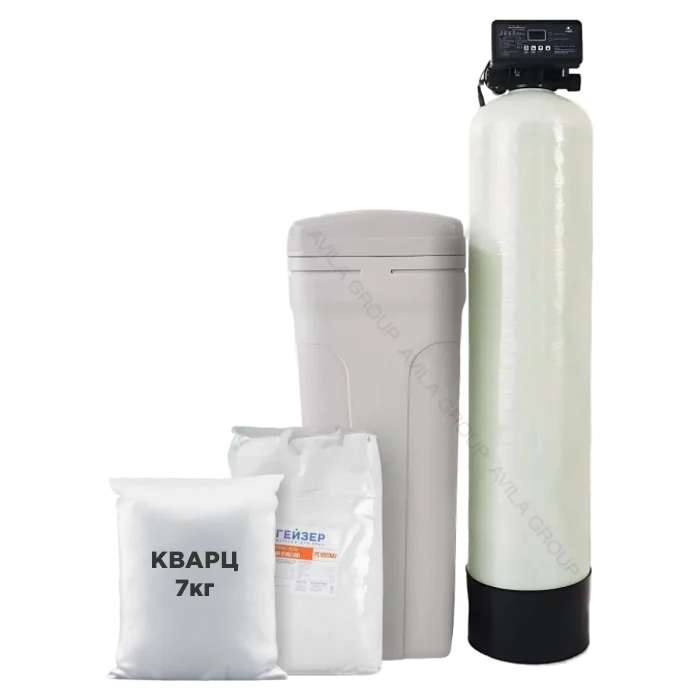 Комплект фильтра для умягчения "Water-Pro AV 1044" с фильтрующей засыпкой Гейзер РС 002, кварц 7кг. Автоматический умягчитель очистки воды из скважины в сборе.