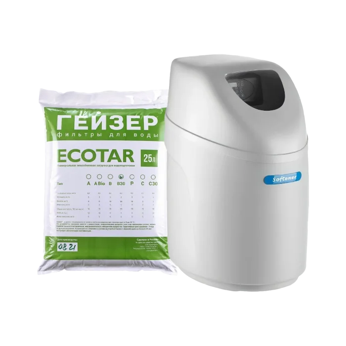 Кабинетный умягчитель для воды (комплект) Гейзер Aquachief 1017 с производительностью до 1000л/ч. C загрузкой Экотар B 12 литров. Компактный фильтр для очистки воды в сборе
