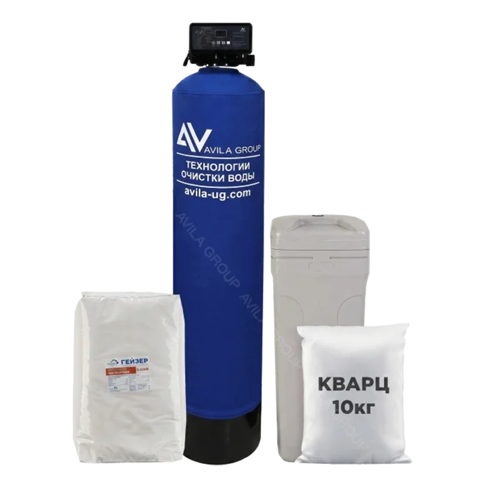 Комплект системы умягчения воды из скважины Water-Pro AV 1054, смола Гейзер РС 002 37л, кварцевый песок 10кг. Система очистки воды: умягчитель, обезжелезиватель