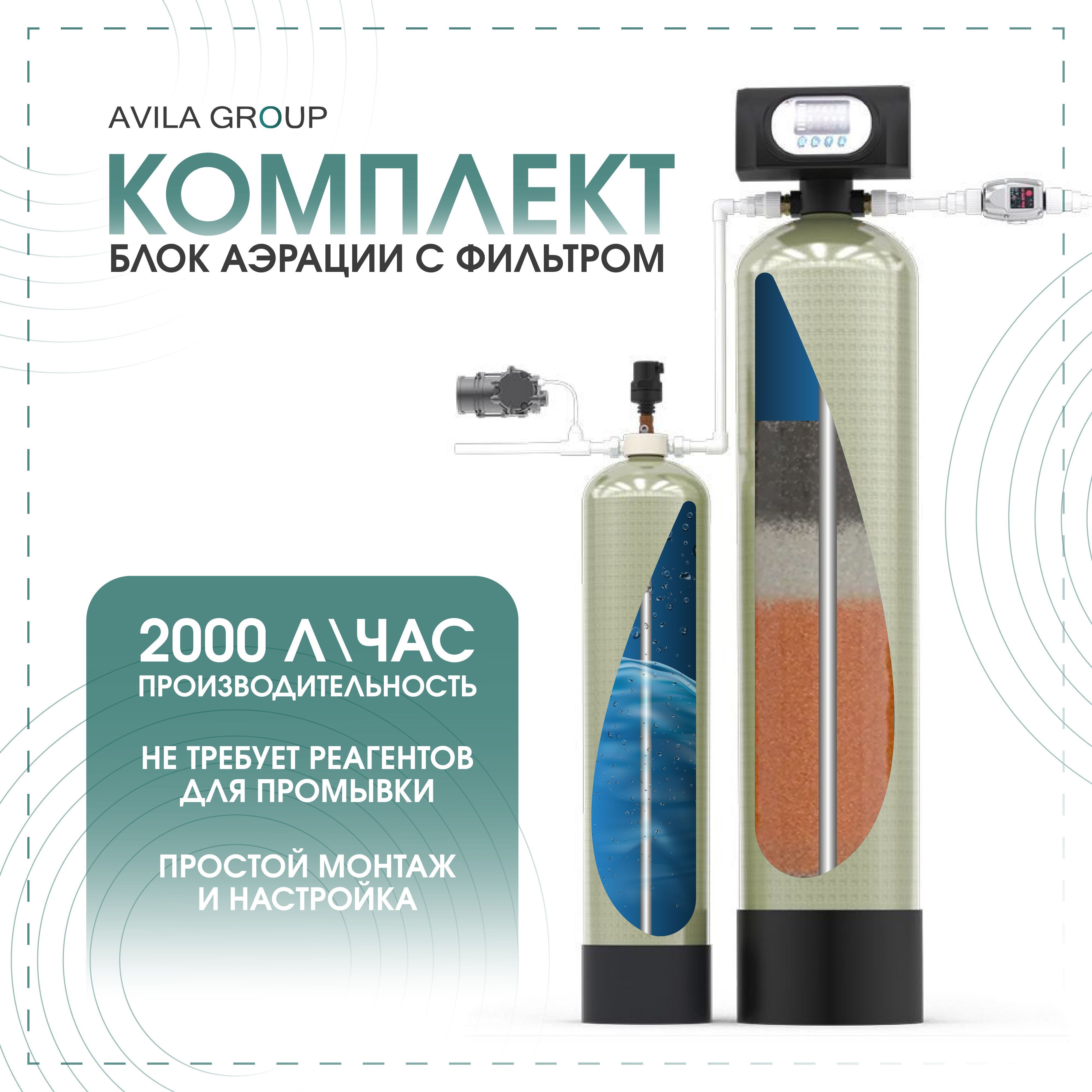 Система очистки воды для дома, комплект Water-Air 2000л/ч. Runxin F71Q: напорная аэрация, обезжелезивание и очистка от сероводорода AS18 .