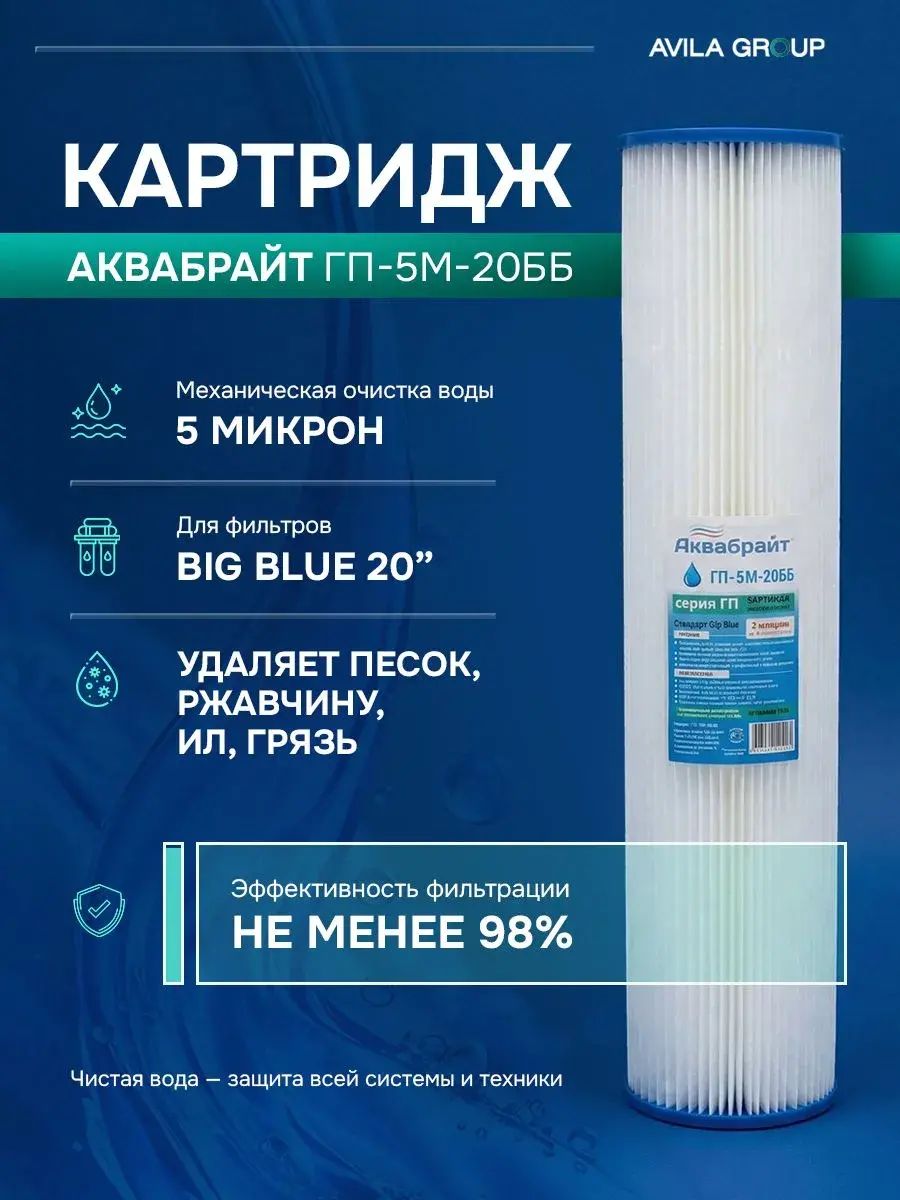 Картридж для фильтра воды АКВАБРАЙТ ГП-5М-20ББ- гофрированный 5 мкм Big Blue 20 для магистрального фильтра, тонкая очистка