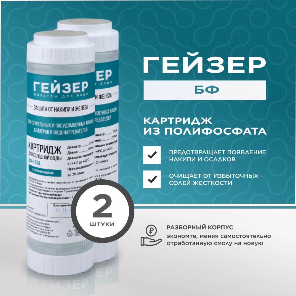 Сменный картридж для фильтра воды Гейзер БФ -10SL - полифостфат, защита от накипи и осадков - 2шт