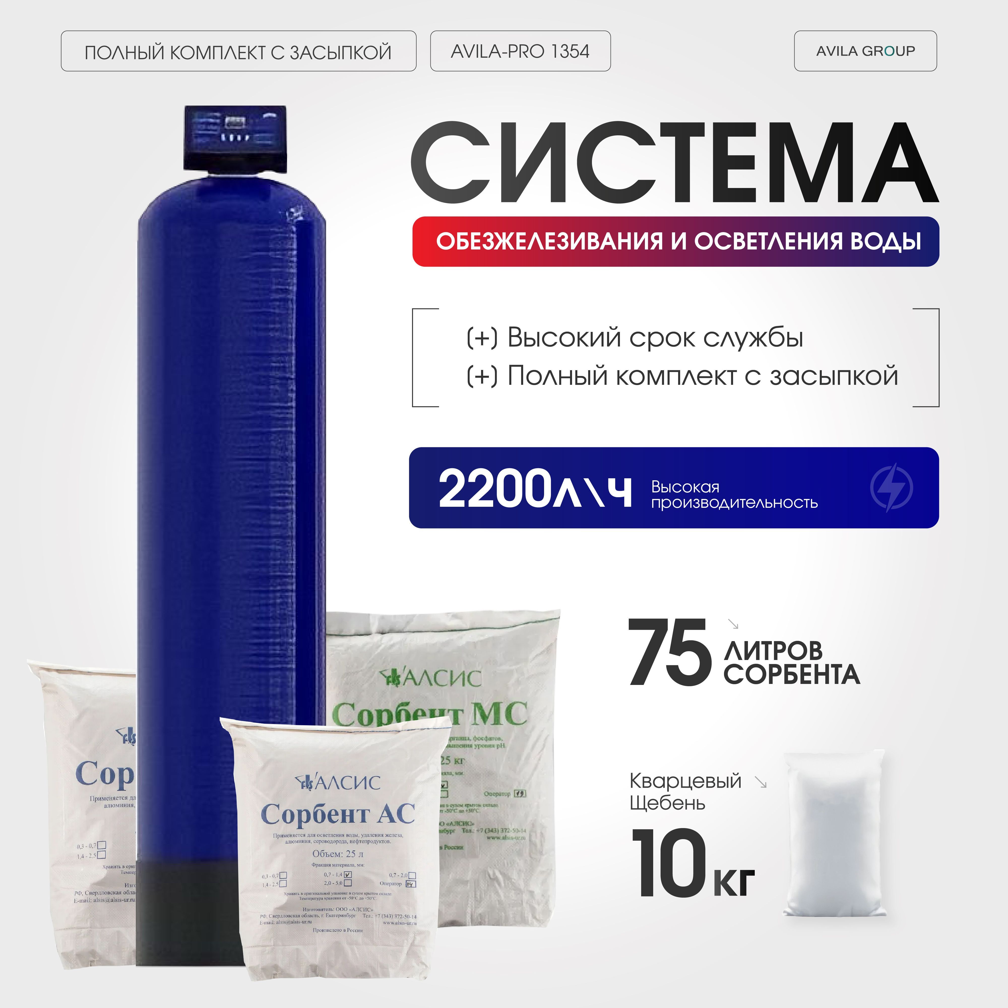 Система очистки воды AVILA-PRO 1354 Runxin F67Q1, станция обезжелезивания и осветления воды, комплект с фильтрующими загрузками сорбент ас 75л и кварц 10 кг