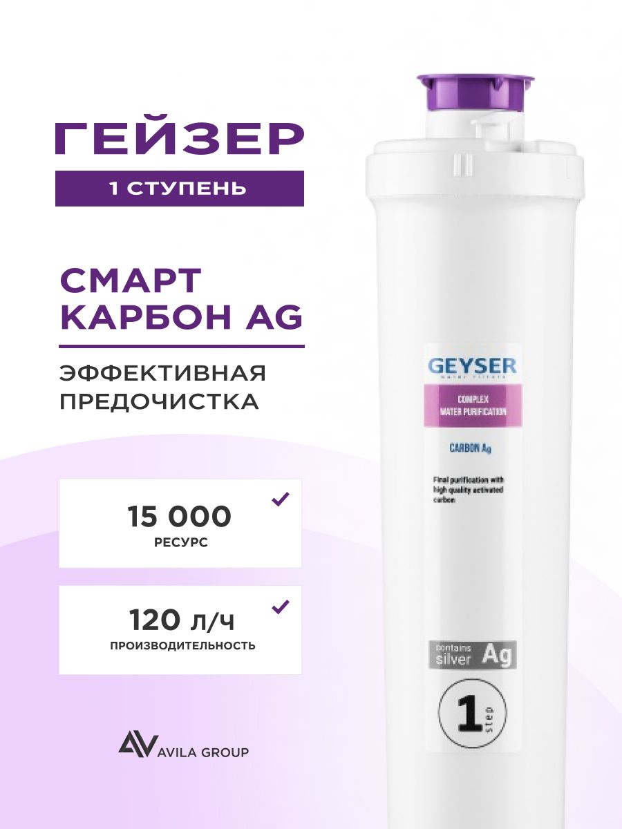 Сменный картридж для проточного фильтра воды Гейзер Карбон Ag Смарт 10 SL с серебром