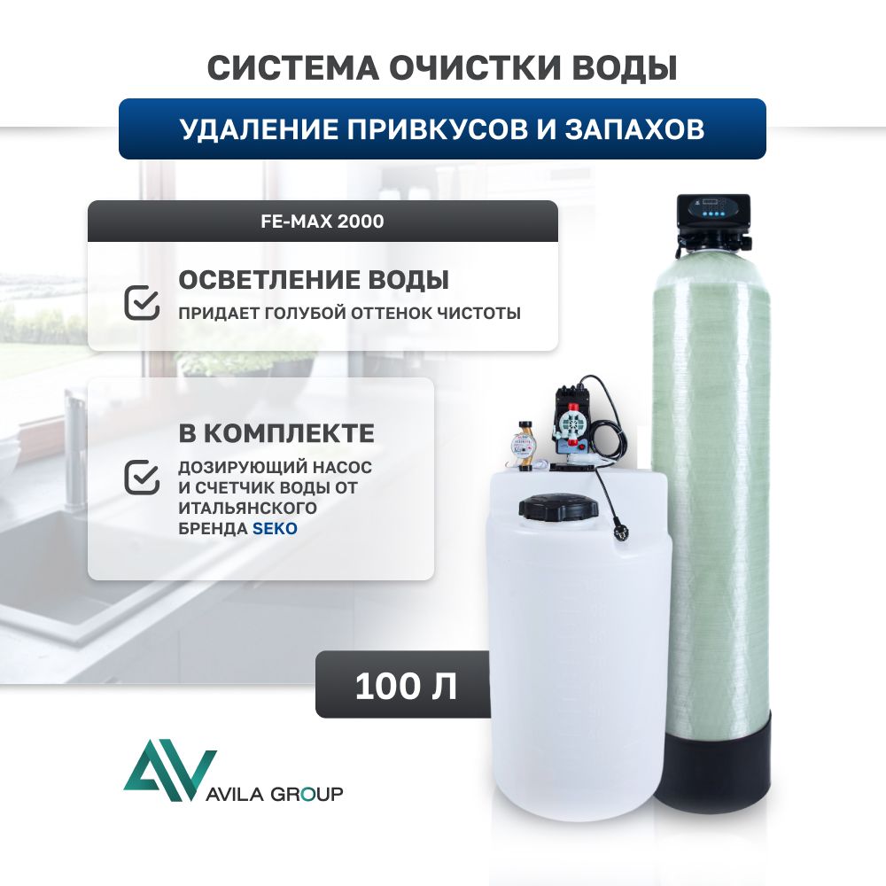 Система обезжелезивания воды и очистки от сероводорода Fe-Max 2000 л/ч, 1252 Runxin и станция дозирования Seko Compact.